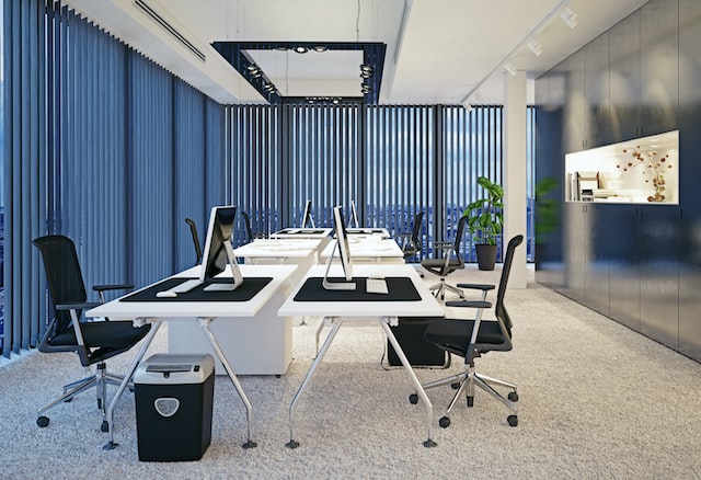 modern office interior with blue blinds
