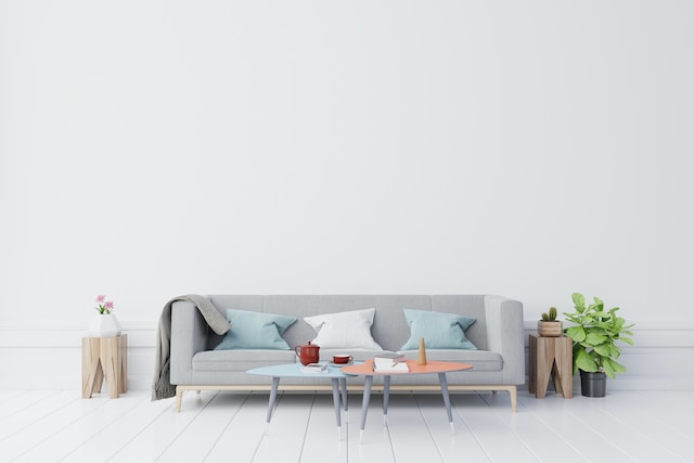 gray sofa with velvet cushions